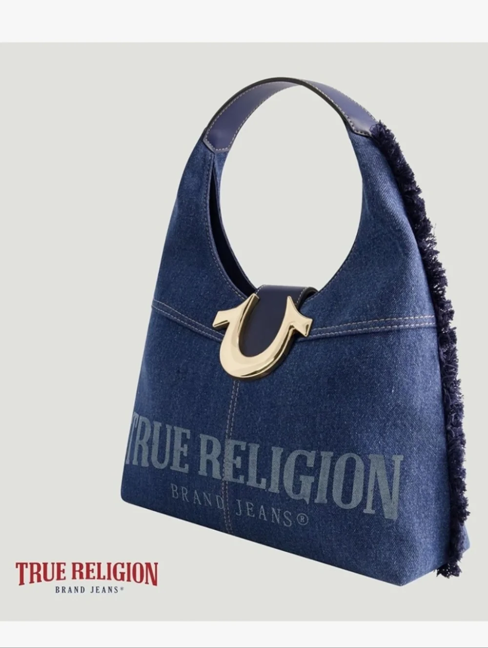 True Religion Dark Denim Hobo Bag – Gold Horseshoe Hardware – NWT